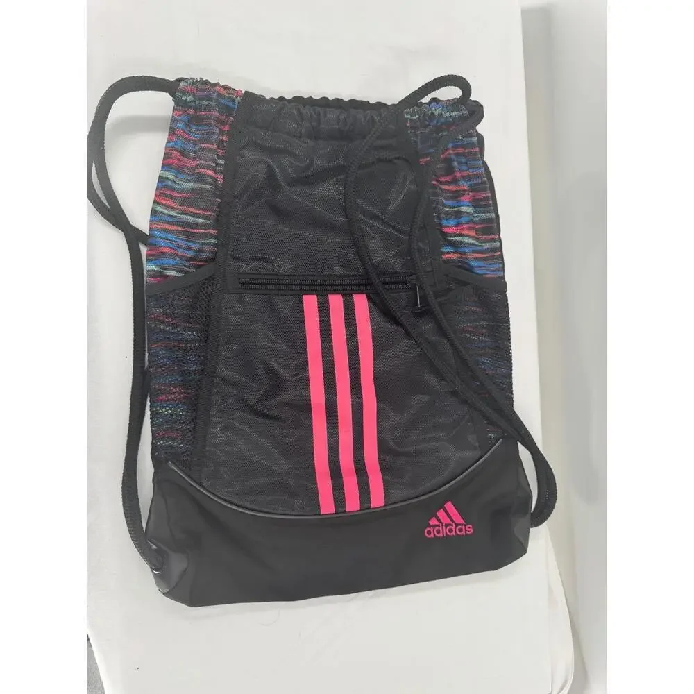 Adidas Black With‎ Pink Accents Drawstring Bag With Mesh Panel